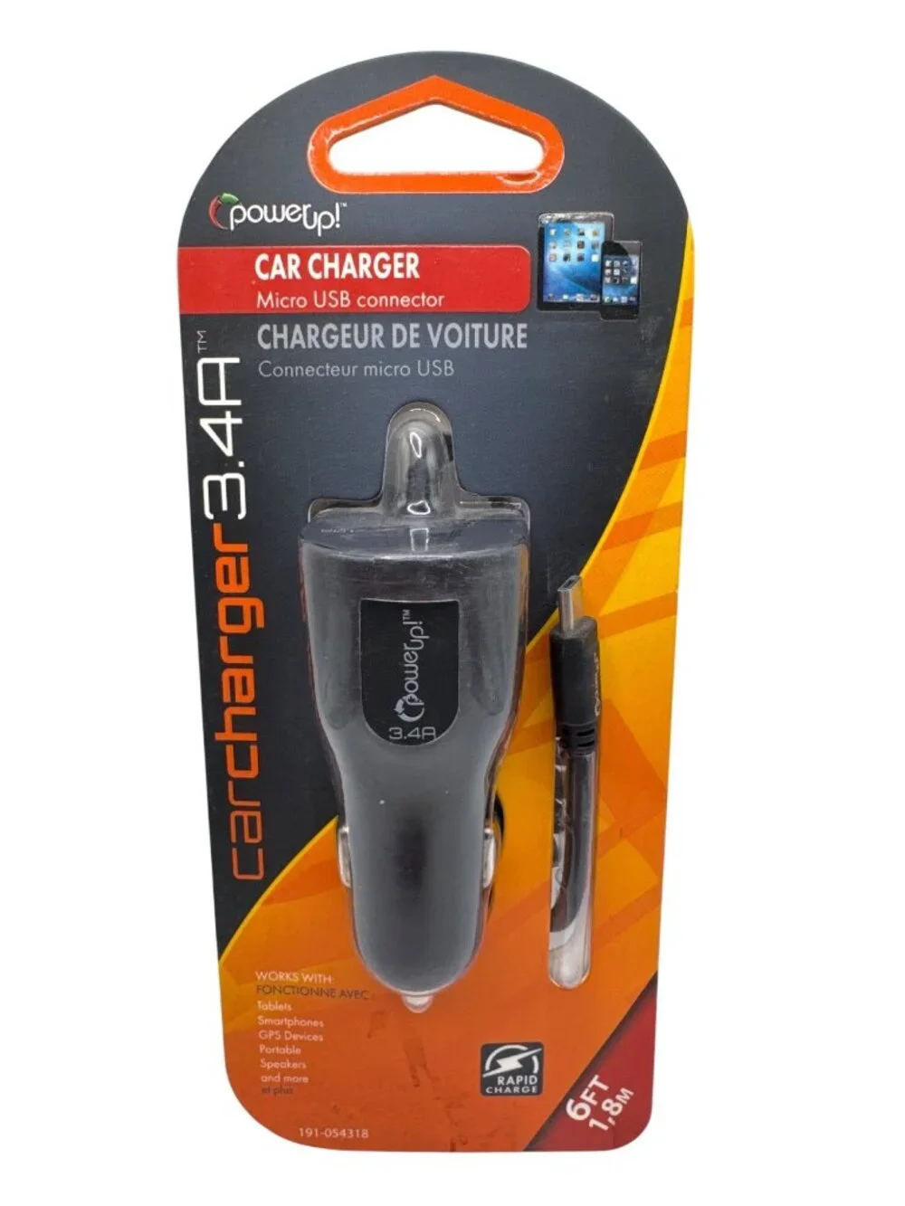 Car Charger 3.4A Micro USB Connector With Rapid Charge Technology & 6 Ft Coiled